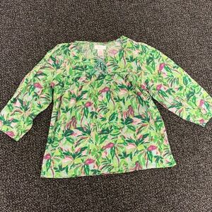 Stella Parker Collection Green Pink Tropical Palm 3/4 Sleeve Peasant Shirt Small